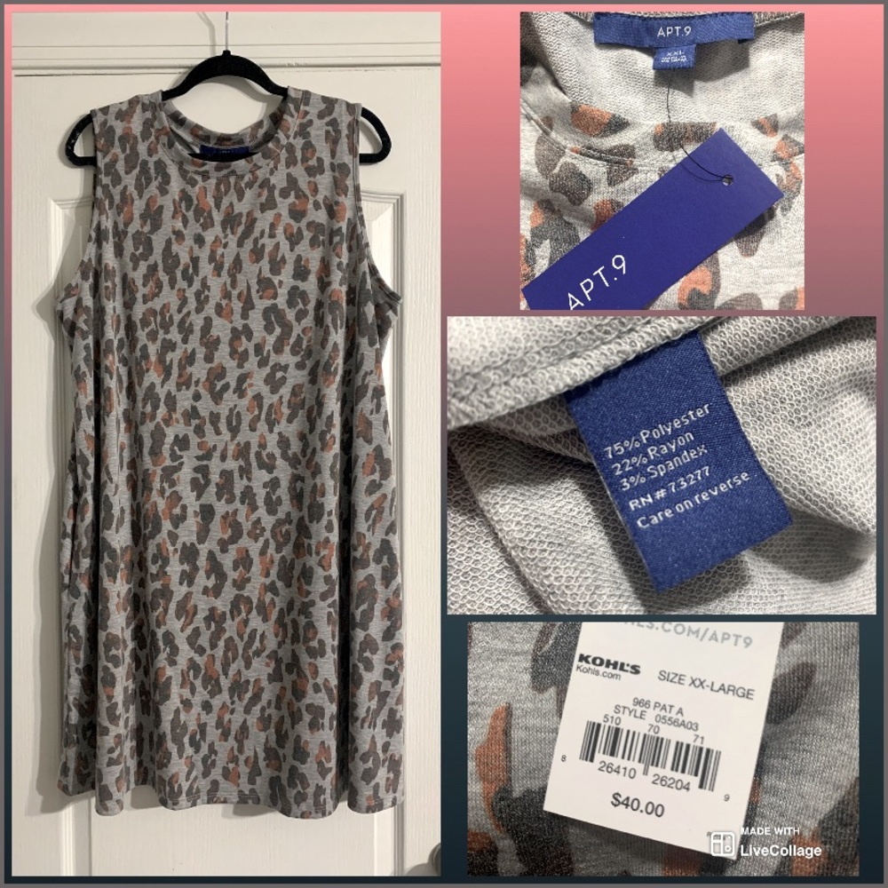 BNWT • Apt. 9 • Gray • Sleeveless Animal Print Dress • With POCKETS! • XXL
